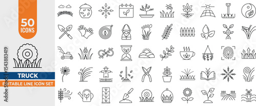 Grass & Garden Line Icons Set - 50 Editable Vector Icons for lawn, field, landscape, grow, herb, pasture, turf. Editable Stroke. Vector illustration