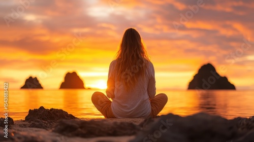 A woman sits calmly by the shore, meditating as the sun sets over the water, symbolizing inner peace, reflection, and a deep connection with nature in perfect harmony.