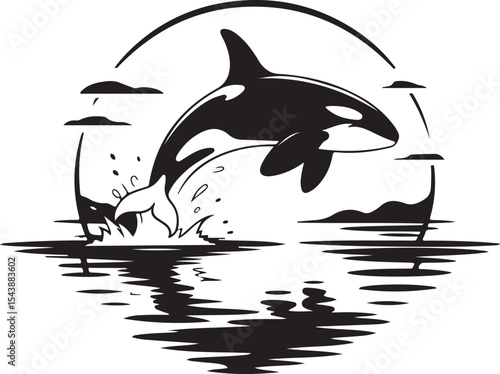 whale silhouette breaching calm sea at sunset with scenic waves and majestic marine motion in peaceful ocean artwork