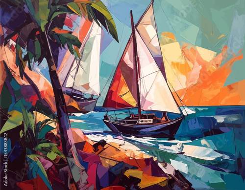 Retro Sailboat Poster – Geometric Ocean Landscape in Cubist Style