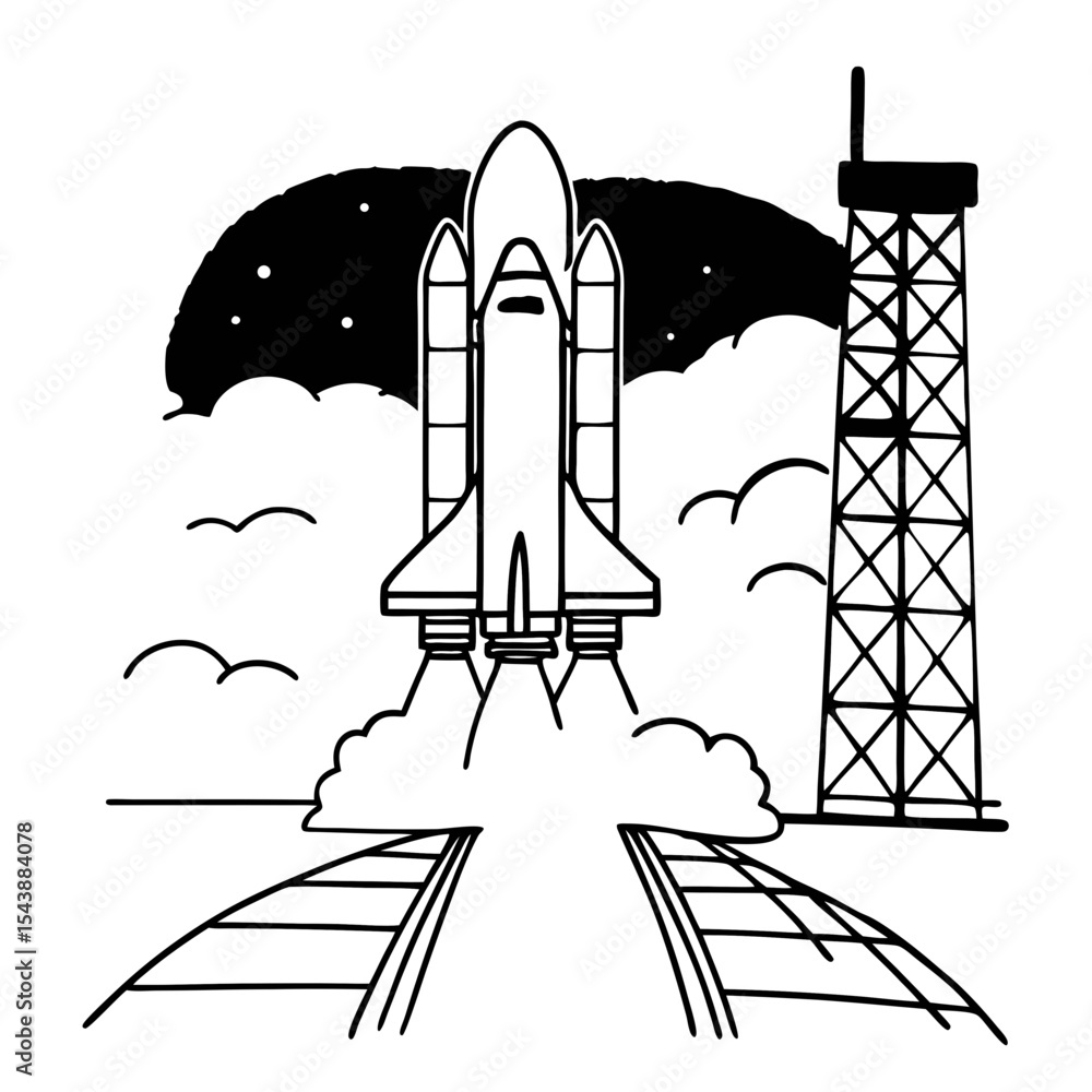 Obraz premium Space Shuttle Launch Vector Illustration Line Art Style