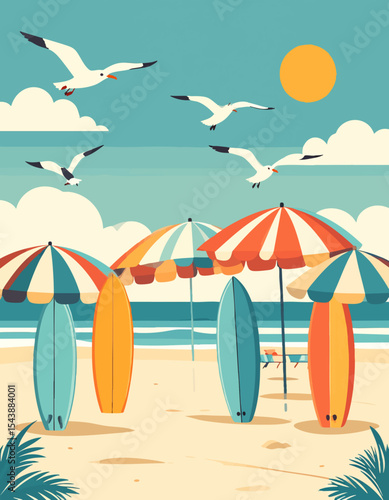 Retro Beach Poster with Surfboards and Umbrellas under Sunny Sky