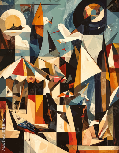 Abstract Beach Scene with Seagulls and Umbrellas