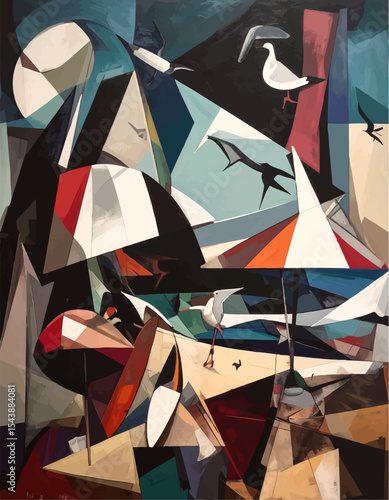 Abstract Beach Scene with Seagulls and Umbrellas