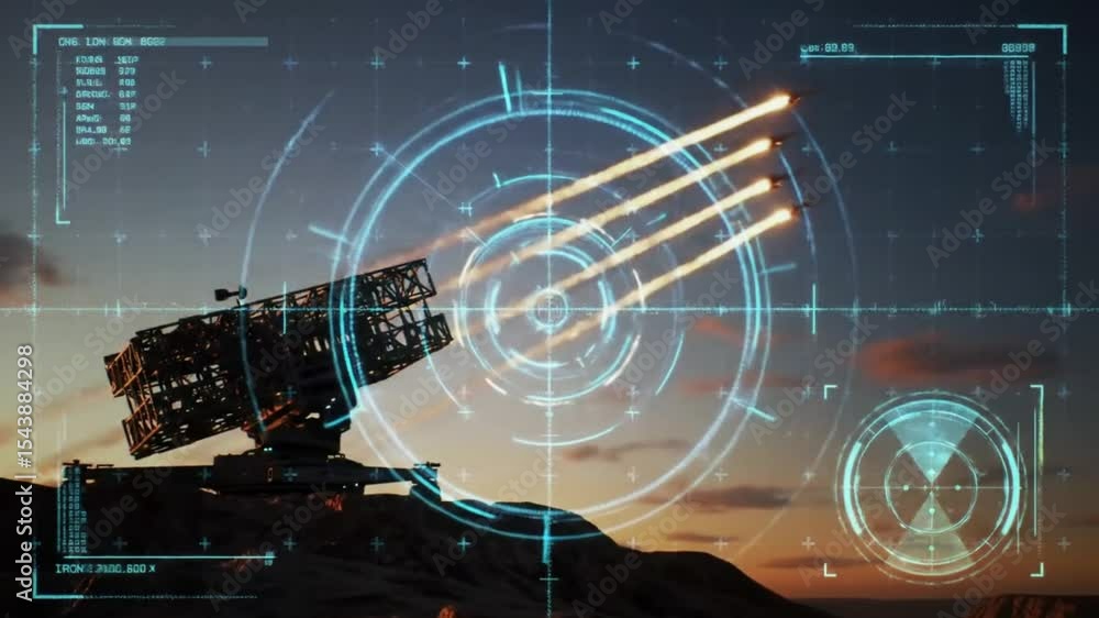 A futuristic military air defense system launching missiles with a hud targeting interface at sunset