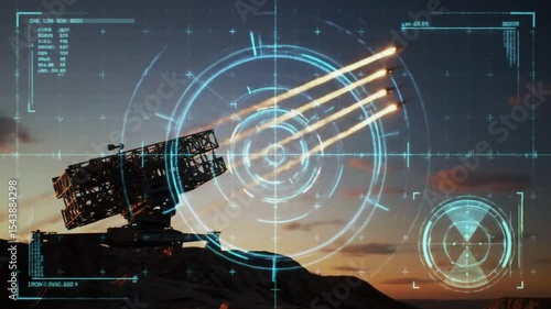 A futuristic military air defense system launching missiles with a hud targeting interface at sunset