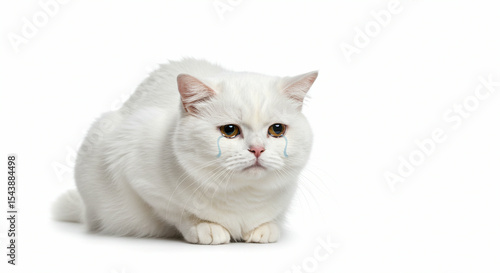 White cat sits with tears on a white background looking sad