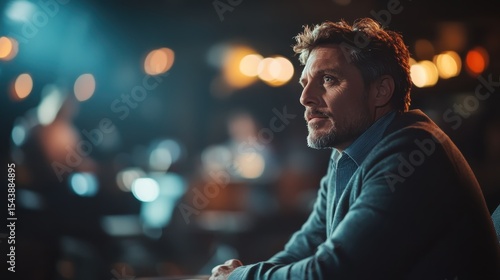 A thoughtful man sits in a cozy cafe, illuminated by soft lighting, lost in contemplation of life's moments while savoring a quiet drink in a warm atmosphere.