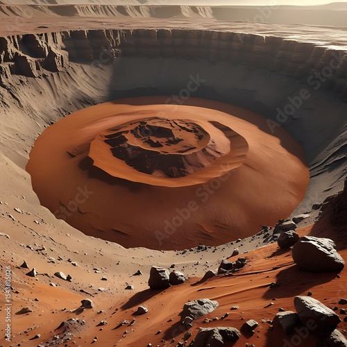 A professional photograph of a mid-range Martian landscape featuring a vast crater basin, partially covered with an undulating layer of fine-grained rust-red sand.