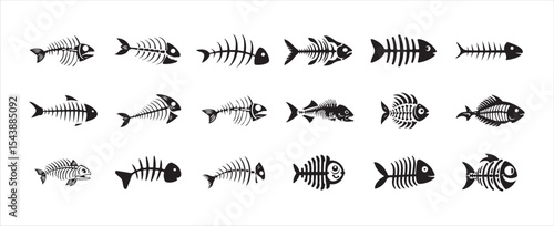 Fish bone icons, fishbone isolated skeleton vector silhouettes. Set of fish bone icons, vector illustration eps 10.
