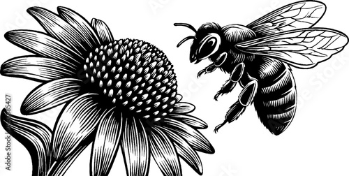 Black and white bee and flower woodcut art design for nature lovers