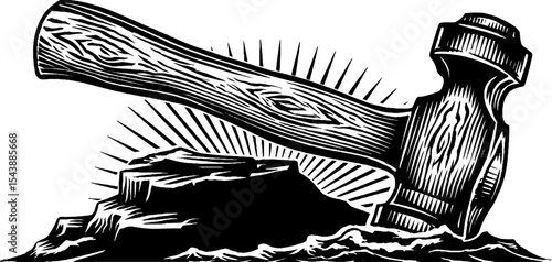 Blacksmith artistry highlighting hammer and anvil in dynamic black and white design
