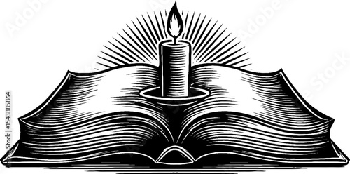 Mystical grimoire with candle on book stand for occult and magic themes
