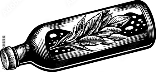 Artistic representation of a kombucha bottle with sediment and unique plant design