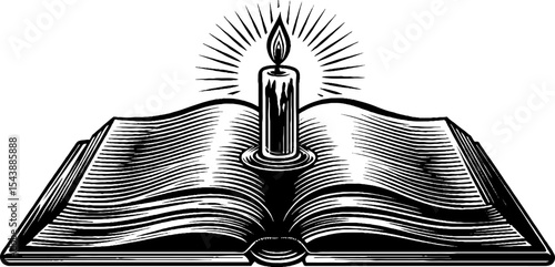 Enchanted reading: open grimoire on stand with glowing candle for fantasy design