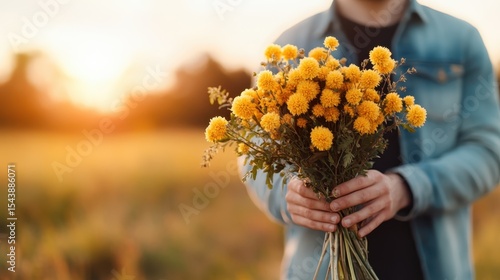 Wallpaper Mural A vibrant bouquet of yellow flowers held against a stunning sunset, capturing the essence of nature's beauty and the warmth of golden hour light. Torontodigital.ca