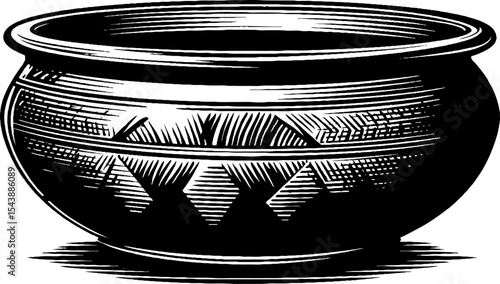 Geometric carved broken clay pot in black and white design for creative projects