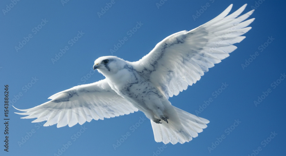 Fototapeta premium White falcon with grey markings soars in flight against a vivid blue sky