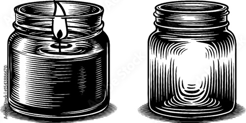 Black and white woodcut candle in glass jar design for artistic printmaking
