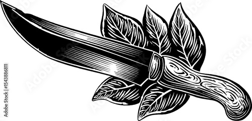 Carved obsidian blade with sharp edge. Black knife design with leaves and fine detail.