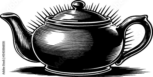 Vintage cast iron kettle with lid black and white woodcut design for kitchen decor