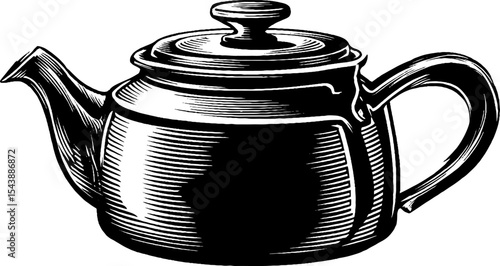 Cast iron kettle with lid illustration in black and white for vintage design