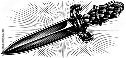 Intricate ceremonial dagger with ornate winged hilt and detailed blade design