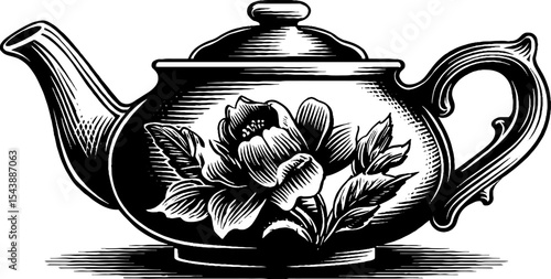 Vintage black and white ceramic teapot with floral pattern design for kitchen decor