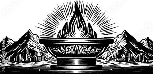 Ceremonial flame with ancient symbols amidst a majestic mountain landscape