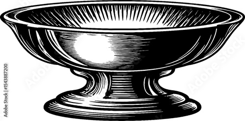 Chalice shaped grail symbol in black and white woodcut style design