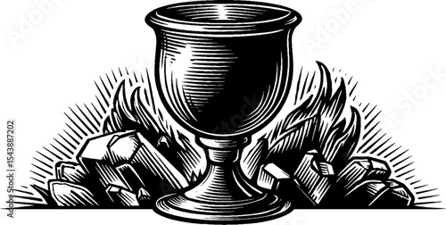 Elegant chalice with gems and rising flame in monochrome design