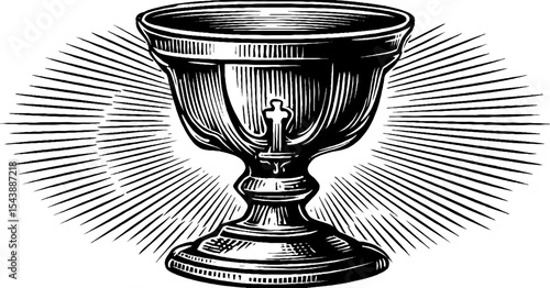 Black and white chalice grail symbol on wood design for vintage aesthetic