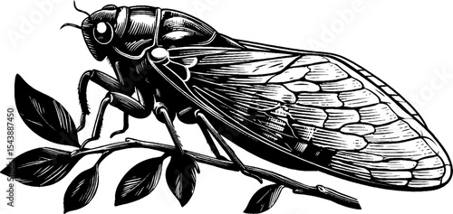 Monochrome cicada design with intricate wing patterns on branch for nature art and decor