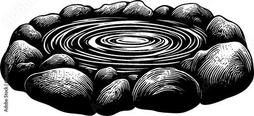 Stone circle with ashes and embers - rustic outdoor campfire setup