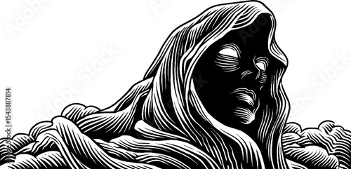 Enigmatic cloaked shadow figure with glowing eyes and mystical mist