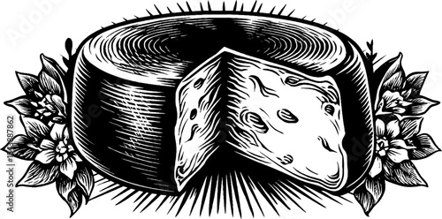 Rustic aged cheese wheel wrapped in cloth with floral design in black and white