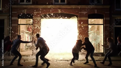 People are thrown back by a sudden fiery explosion in a city store.