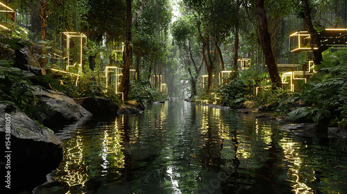 Serene glowing structures line a jungle river path at night