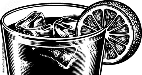 Refreshing cold drink with ice and lemon slice in black and white drawing for beverage art