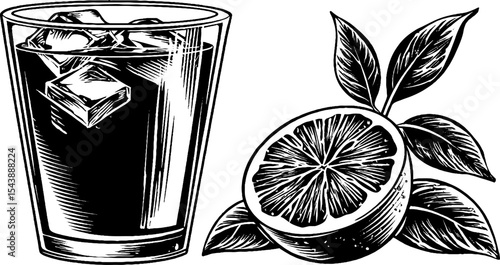 Refreshing cold drink with ice and lemon slice in black and white design