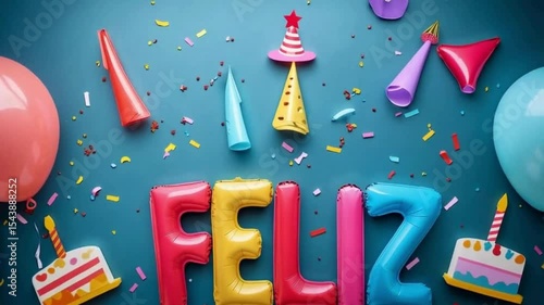 4K Animated Birthday Greeting in Spanish with Vibrant Party Elements – Balloons, Confetti, Cake Icons, and Bold Feliz Cumpleaños Text in Fun Flat Graphics


