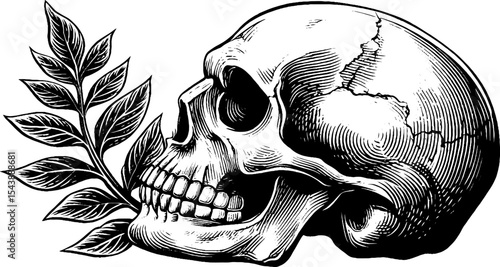 Nature reclaims: a cracked skull with ferns emerging