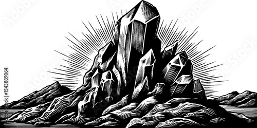 Crystalline formation emerging from rocky base with radiant lines