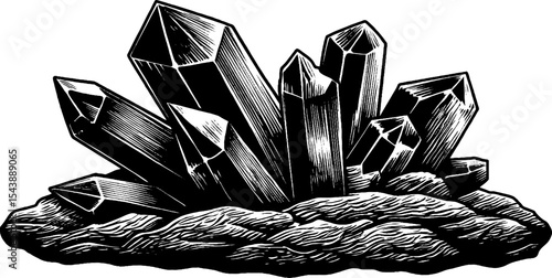 Crystalline structure emerging from rock base for nature and geology design