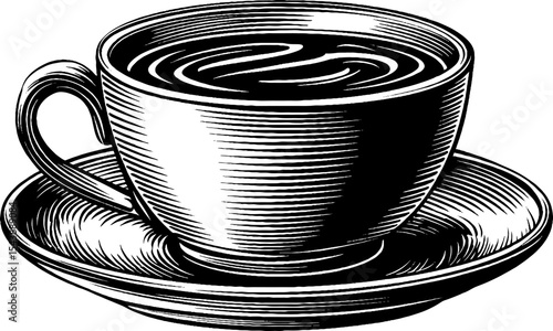 Black and white espresso cup on saucer illustration for cafe decor or menu design