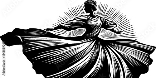 Graceful dancer spinning with flowing garment in black and white art design