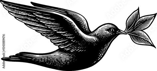 Black and white dove in mid flight with leaf in beak - symbol of peace and nature