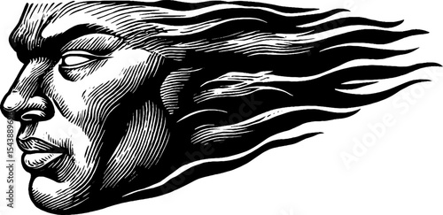 Mystical face dissolving into wind and stardust theme for imaginative designs