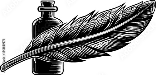 Feather quill and ink bottle in vintage black and white design for writing enthusiasts