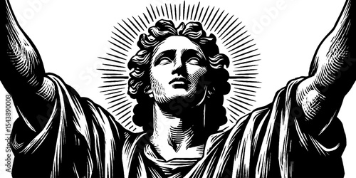 Majestic figure with open arms in black and white symbolizing freedom and strength